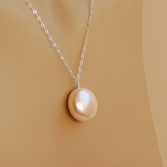 Mariage - Lg Coin Pearl Drop Necklace, Swarovski 16mm Ivory Pearl in Sterling Silver, Bridal Necklace, Bridesmaid Jewelry, Maid of Honor Gift