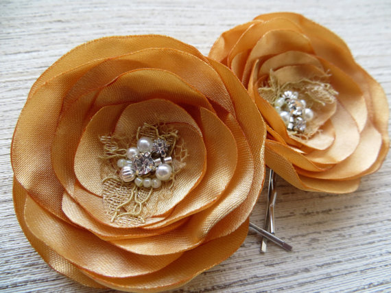 Wedding - Gold bridal hair flowers (set of 2), bridal hairpiece, bridal hair clips, wedding hair accessories, bridal hair flower