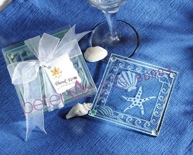 Hochzeit - Shell and Starfish Frosted Glass Coasters (set of 2pcs)