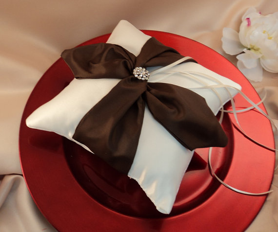 Wedding - Knottie Ring Bearer Pillow with Rhinestone Accent...You Choose the Colors....BOGO Half Off..shown in ivory/chocolate brown