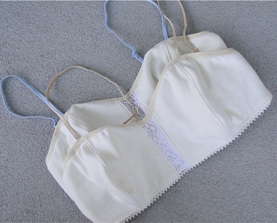 Wedding - Organic cotton bralette  - white lace soft  bra - vintage style lingerie - made to order