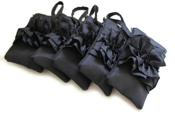 Wedding - SALE Set Of 5 BLACK Bridesmaids Ruffle Clutches - Winter Wedding Wristlets - Rehearsal party Idea - Ready To Ship