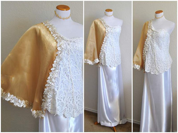 Свадьба - Kimono Sleeve Wedding Gown Custom Order Grecian Wedding Dress Batwing Slash Sweetheart Neckline Backless Guipure Lace Floral Embroidery