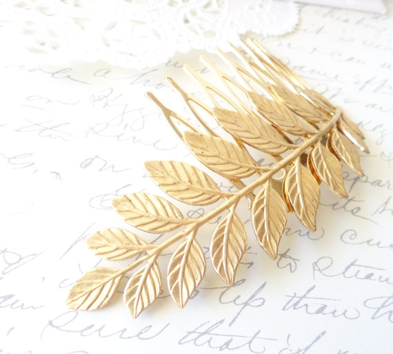 Hochzeit - Golden Raw Brass Leaf Branch Hair Comb - Golden Leaf - Woodland Collection - Whimsical - Nature - Bridal
