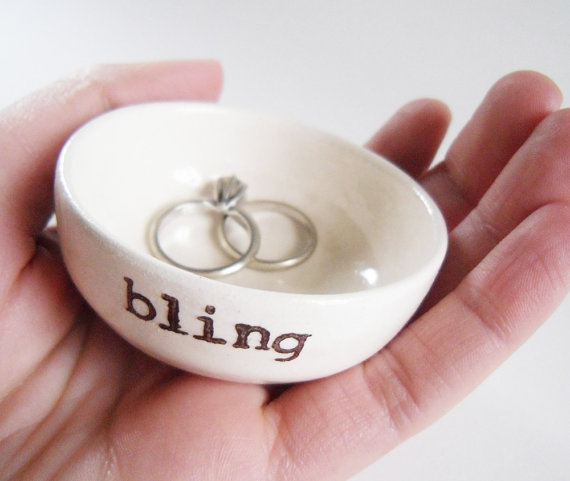 Wedding - CERAMIC RING DISH handmade bling text with custom options for case engagement gift or wedding gift idea