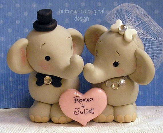 Свадьба - Whimsical Elephant Wedding Cake Topper  Hand Sculpted Cute Elephants with Personalized Heart