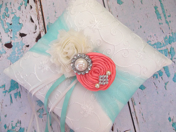 Hochzeit - Ring Bearer Pillow  / Coral  Ring Bearer Pillow / YOU DESIGN / Coral Tiffany blue Ring Bearer Pillow / Coral Aqua Ring bearer Pillow