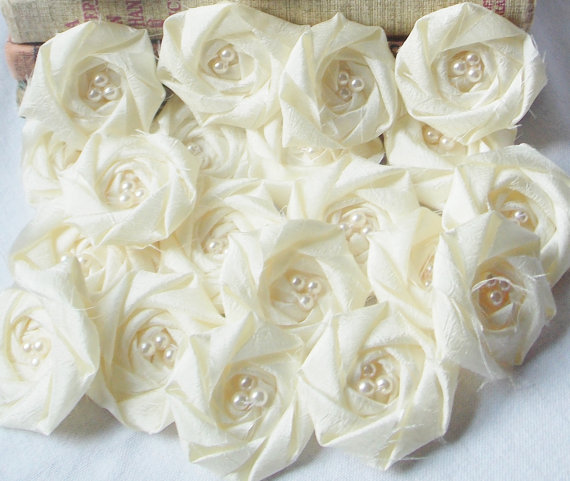 Wedding - Wholesale Ivory Flower Rosette Bridal Flower Applique Rolled Rosette Flower Set of 25 DIY bridal bouquet