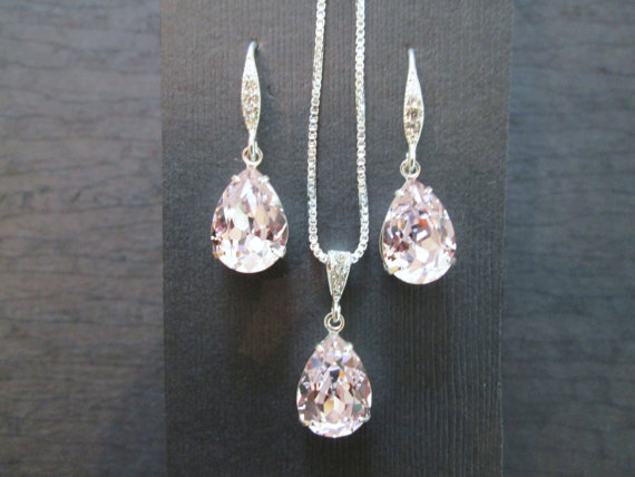 Wedding - Rosaline Pink Bridesmaid Jewelry Set/Swarovski Light Pink Crystal/Bridesmaid Set/Crystal Necklace/Swarovski Crystal Pink Earrings/Blush Pink