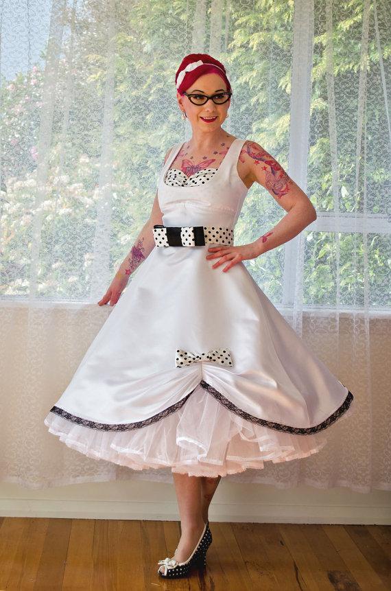 Hochzeit - 1950s Pin Up 'Audrey' Wedding Dress in a with Polka Dot Bodice, Belt and Organza Petticoat Tea Length  - custom made to fit