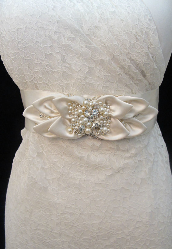 Hochzeit - Ivory Pearl Rhinestone Beaded  Bridal Belt Wedding Sash