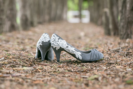 Wedding - Wedding Shoes - Grey Bridal shoes, Grey Wedding Heels with Ivory Lace. US Size 7.5