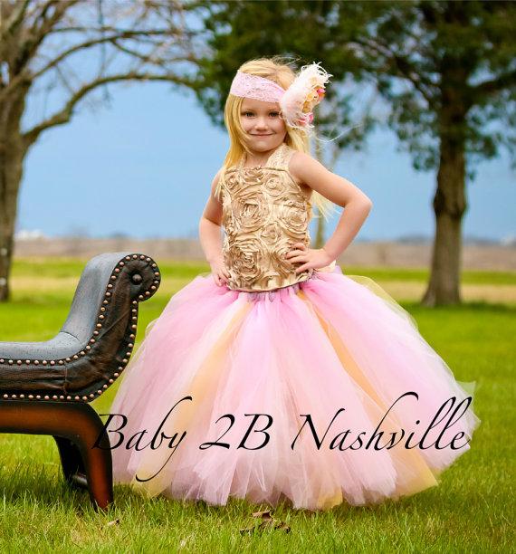 Свадьба - Vintage Gold Flower Girl Dress  Wedding Flower Girl   Pink and Gold  Dress  Satin Rosette Dress  Baby to Girls 10