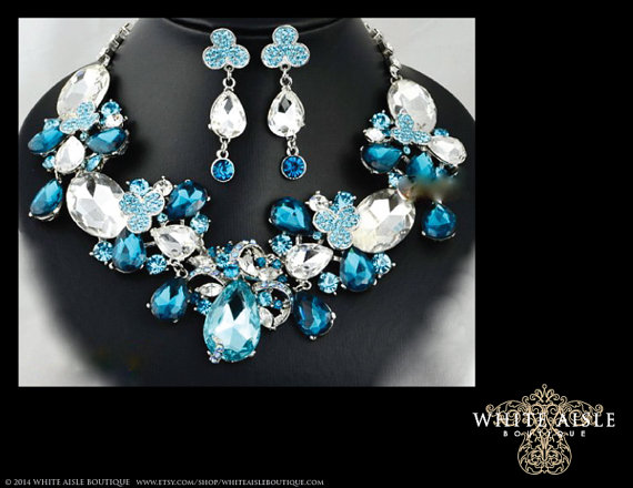 Mariage - Blue Necklace, Bridal Statement Necklace, Chunky Necklace Earring Set, Bridal Jewelry Set, Vintage Style Necklace, Wedding Jewelry Set