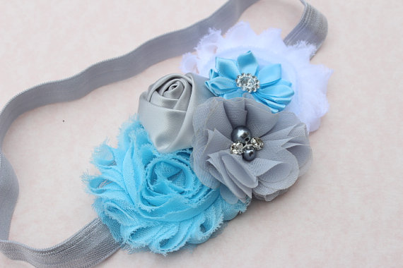 Wedding - blue headband baby white and blue headband toddler flower girl headband frozen headband children Easter headband grey blue headband