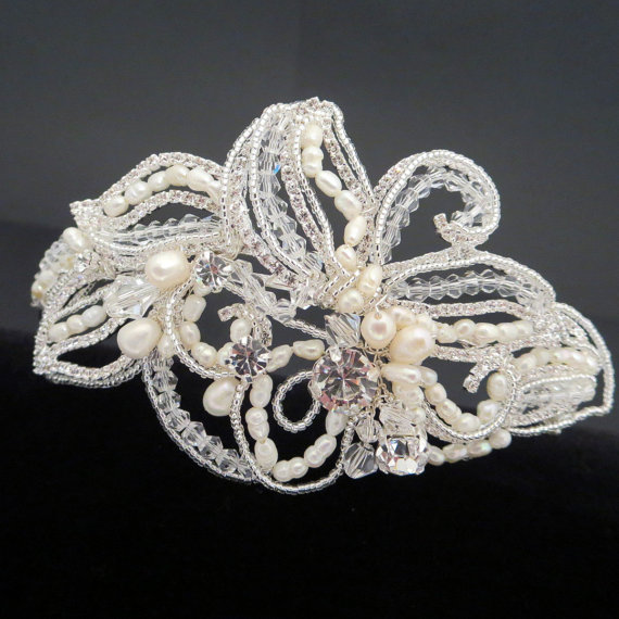 Wedding - Vintage Bridal Headpiece, Lace Wedding headpiece, Beaded Wedding headband, Freshwater pearl headpiece, Rhinestone headband
