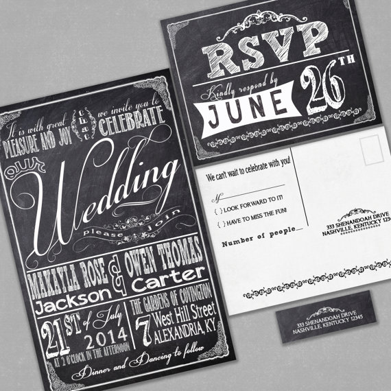 Wedding - Chalkboard Wedding Invitations, RSVP cards and address labels, Retro Typography, Sample Set, Black Friday Sale, Discount Wedding Invitations
