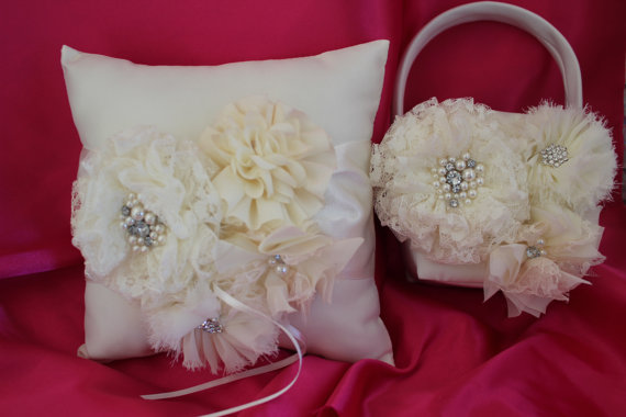زفاف - Cream or White Flower Girl Basket/Ring Bearer Pillow-Cream Lace Flower Cream Chiffon Flowers Accented with Rhinestones and Pearls