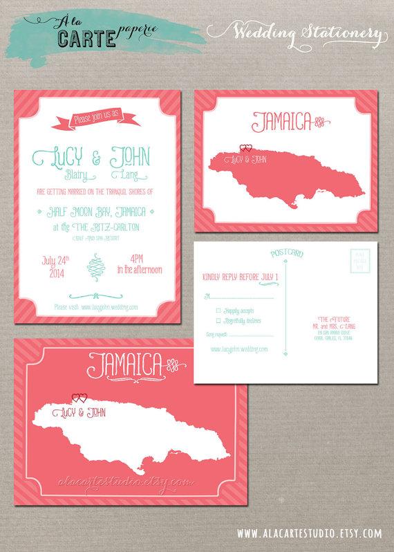 Hochzeit - Coral Reef Beach Destination Wedding Invitation and RSVP Cards - Jamaica Wedding