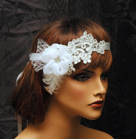 Hochzeit - Wedding Headpiece, Bridal Rhinestone Hair Piece, Lace Headpiece, 1920s Headpiece, Wedding Accessories, Feathers and Silk Flower Headpiece