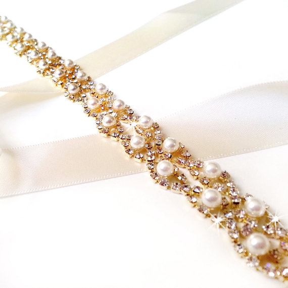 زفاف - Crystal Pearl Weave Bridal Belt Sash in GOLD - Satin Ribbon - White Ivory - Rhinestone Pearl - Wedding Dress Belt - Extra Long