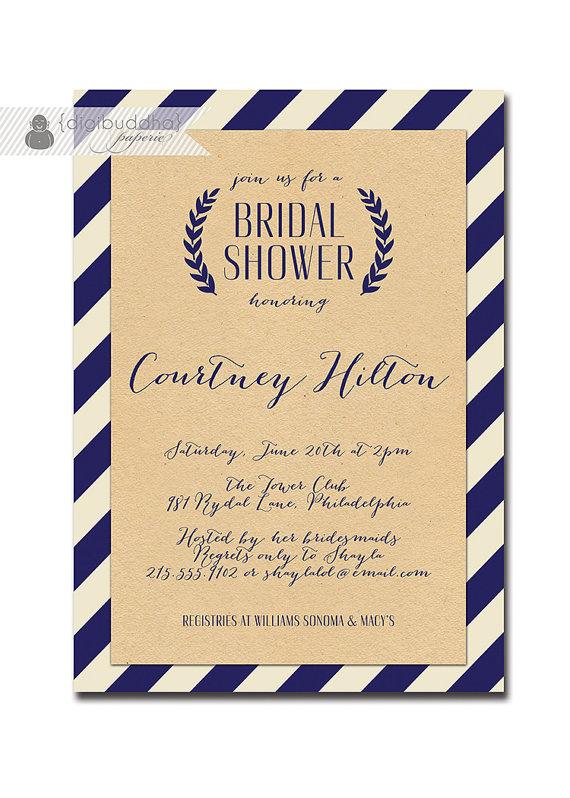 Свадьба - Kraft Bridal Shower Whimsical Script Navy & Off White Striped Modern Bridal Wedding Shower Invitation Printable or Printed - Courtney Style