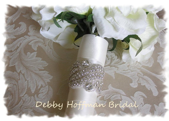 Wedding - Beaded Rhinestone Crystal Bridal Bouquet Wrap, Wedding Bouquet Cuff, Cuff Bracelet, No. 1196BW, Wedding Accessories, Bouquet Wrap, Cuff