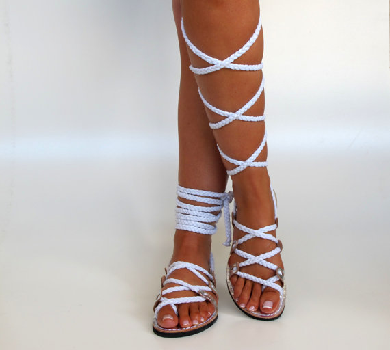 زفاف - Women's Silver Leather Sandals, Wedding flat sandals, Unique design, with braided straps.Bridal shoes,   "SELENE" SES08