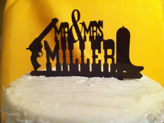 Wedding - Acrylic, Personalized, Rustic, Country & Western, Font Pistol And Boot Custom Name Wedding Cake Topper