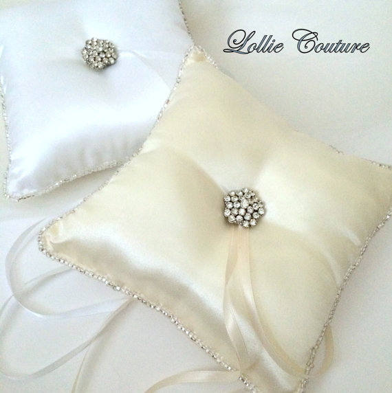 زفاف - Wedding Ring Pillow, Sparkle, Ivory, white, Satin Ring Pillow