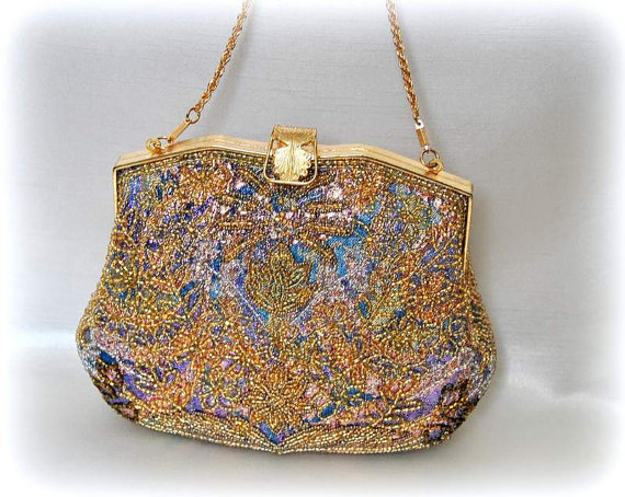 Wedding - French Flapper Bag Wedding Purse Handbag Peacock Clutch Art deco Evening Purse Vintage 1950s 1960s