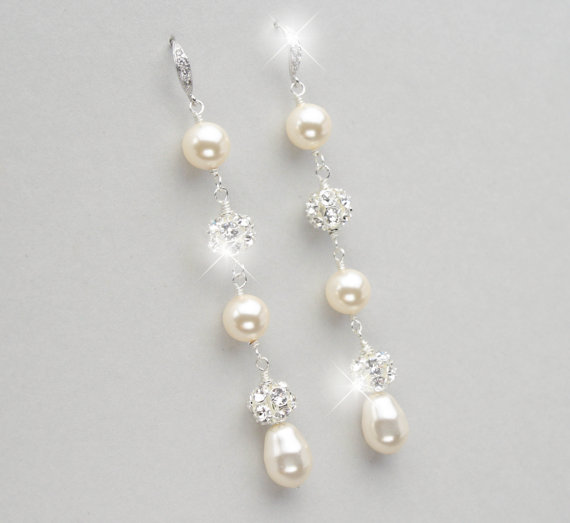 Mariage - Long Pearl Earrings, Pearl Wedding Earrings, Rhinestone and Pearl Bridal Jewelry, Vintage Style Wedding Jewelry, Pearl Drop Earrings