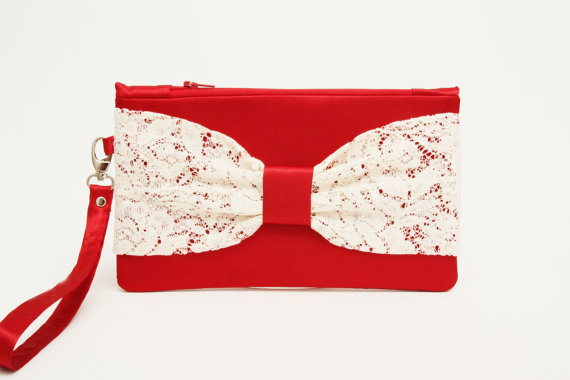 Wedding - Promotional sale - Red with ivory lace  bow wristelt clutch,bridesmaid gift ,wedding gift ,make up bag,zipper pouch