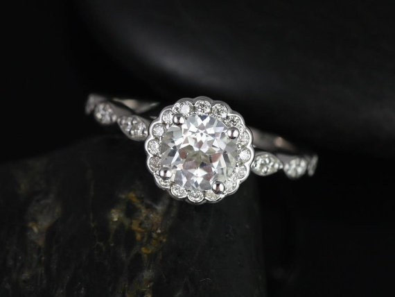 زفاف - Sunny 6mm 14kt White Gold Round White Topaz and Diamonds Halo WITHOUT Milgrain Engagement Ring (Other metals and stone options available)