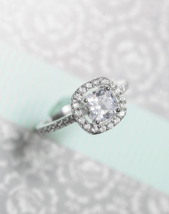 Свадьба - Cubic Zirconia Halo Ring - Cushion Cut Ring - Sterling Silver Engagement Ring - Micro Pave Ring - Promise Ring