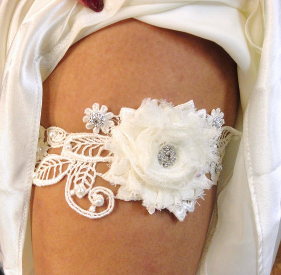 Wedding - Bridal Garter, Keepsake Garter, Wedding Garter, Garter Belt, Vintage Inspired Ivory Bridal Lace, Pearls and Rhinestones