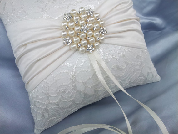 Свадьба - Ivory Ring Bearer Pillow Satin Sash Lace Ring Pillow Pearl Rhinestone Accent