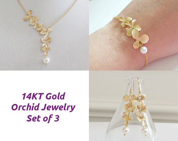 Wedding - Silver Orchids Pendant Necklace Dangle Earrings - Pendant Necklace, Statement Necklace, Dangle Earrings, Drop Earrings, Wedding Jewelry Set