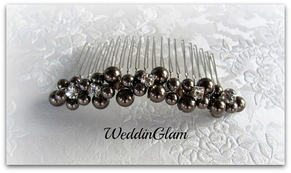 Wedding - Weddiing Hair Comb, Wedding Hair Accessories, Swarovski Brown Pearls & Crystals, Rhinestones, Dark Brown Comb, Silver Comb, Elegant undo