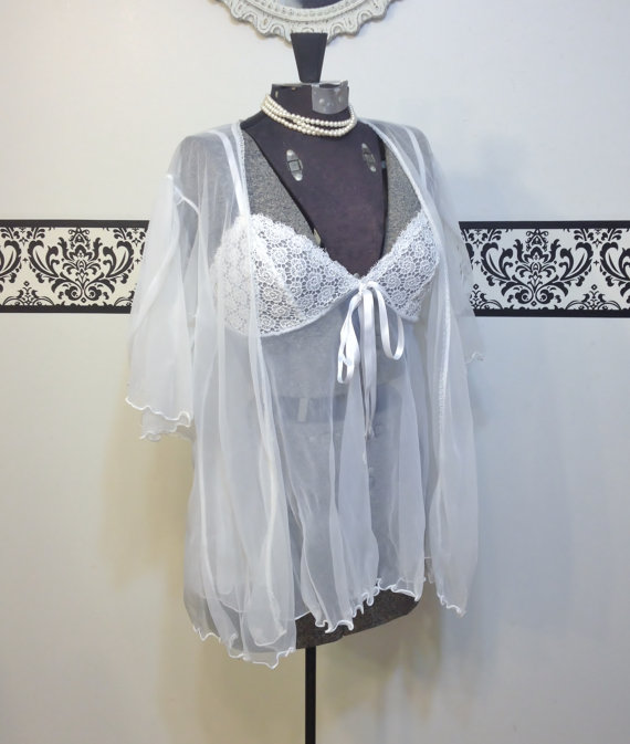 Wedding - 1990's Wedding White Chiffon and Lace Pin Up Babydoll Negligee w/ Sheer Robe Vintage 90's does 50's Teddy and Peignoir, Bettie Page Lingerie