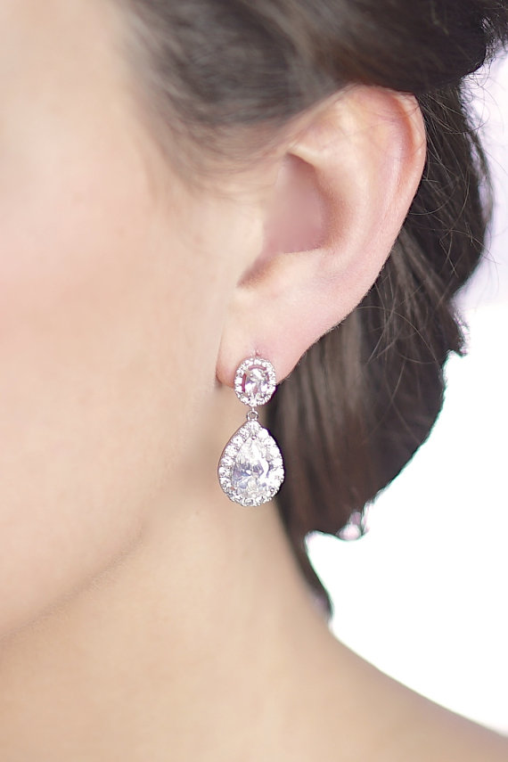 زفاف - Cubic Zirconia Bridal Earrings - Silver Jewelry - Crystal Bridal - Halo Earring - Bride Jewellery - Wedding Earings - Rhodium - CZ Diamond
