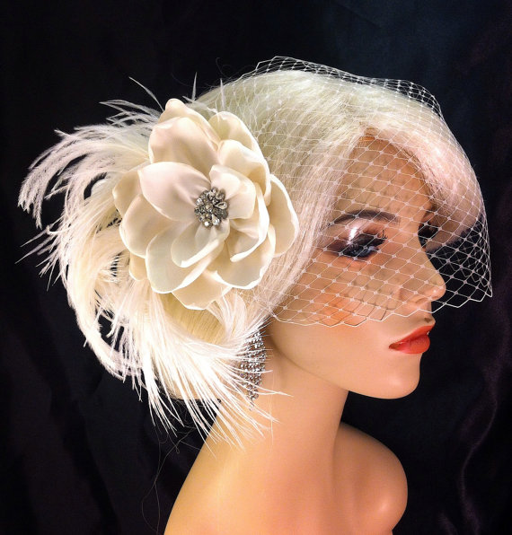 Wedding - Handmade Champagne or Ivory Bridal Flower Feather Fascinator with Veil, Bridal Fascinator, Bridal Flower Hair clip, Flower, Bandeau Veil