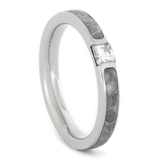 Wedding - Palladium Engagement Ring inlaid with Meteorite and a beautiful Square Moissanite, Wedding Band