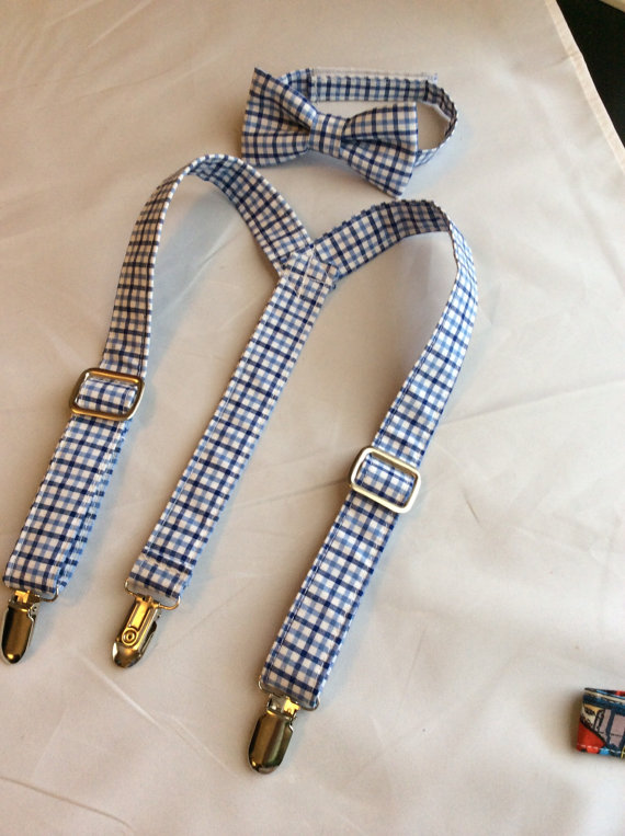 زفاف - White and navy blue plaid suspenders and bow tie set