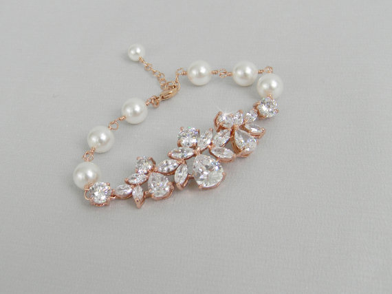Mariage - Rose Gold Bridal Bracelet, Crystal Wedding Bracelet, Pearl Bridal jewelry, Crystal Bracelet, Swarovski, Claire Bridal Bracelet
