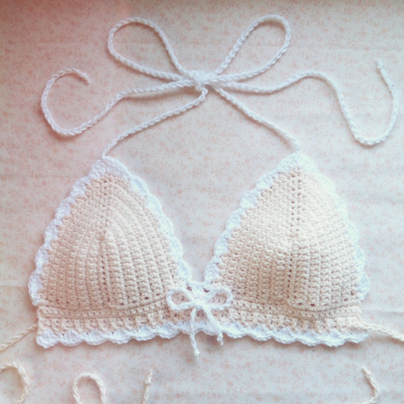 Hochzeit - Crochet Kitten Top - Bralette - Handmade Vegan Bra, Bikini - Tea Rose with White Trim - Noelebelle - Made to Order