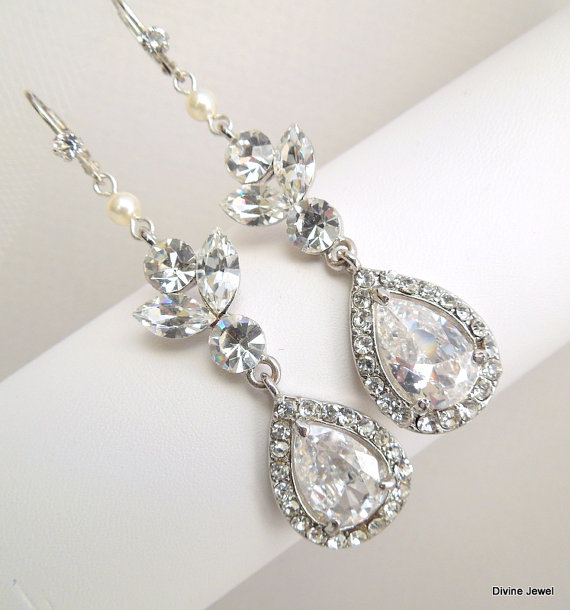 Hochzeit - Bridal earrings wedding teardrop pear earrings cubic zirconia earrings dangle earring, wedding jewelry bridal Jewelry,Pearl Earrings,KIARA