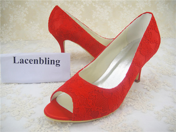 Hochzeit - Wedding Shoes, Lace Bridal Shoes, Peeptoes Wedding Shoes, Floral Lace Bridal Shoes, Bridesmaids Shoes, Red Party Shoes, Prom Shoes