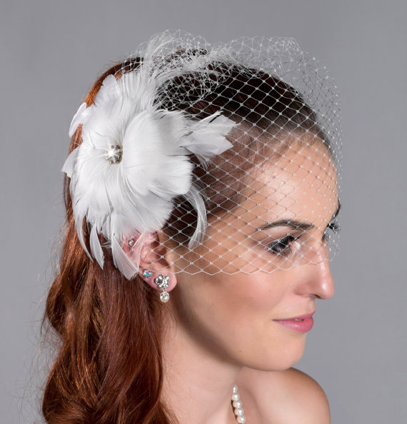 Свадьба - Crystal Center Feather Fascinator for Birdcage Veil or Tulle Veil Wedding Accessories - ivory or white