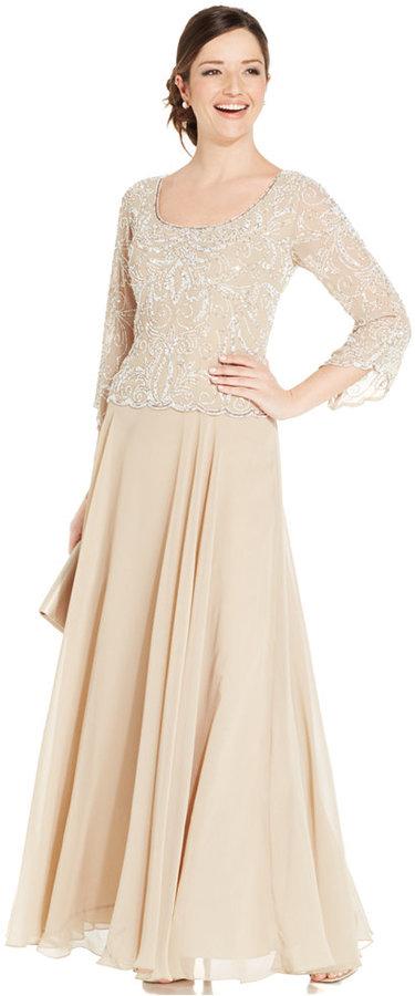 Hochzeit - J Kara Three-Quarter-Sleeve Embellished Overlay Gown